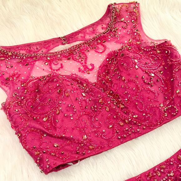 Hannah S 27093 Beaded Two Piece Prom Dress Sparkle Homecoming Skirt Set, Pink - Picture 6 of 11